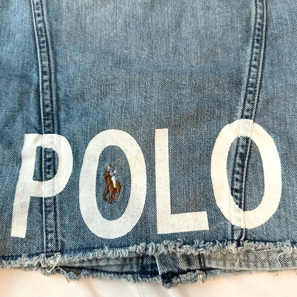 Polo Ralph Lauren Denim Trucker Jacket Y2K Youth Sz 10 Cropped Raw Hem Spell Out